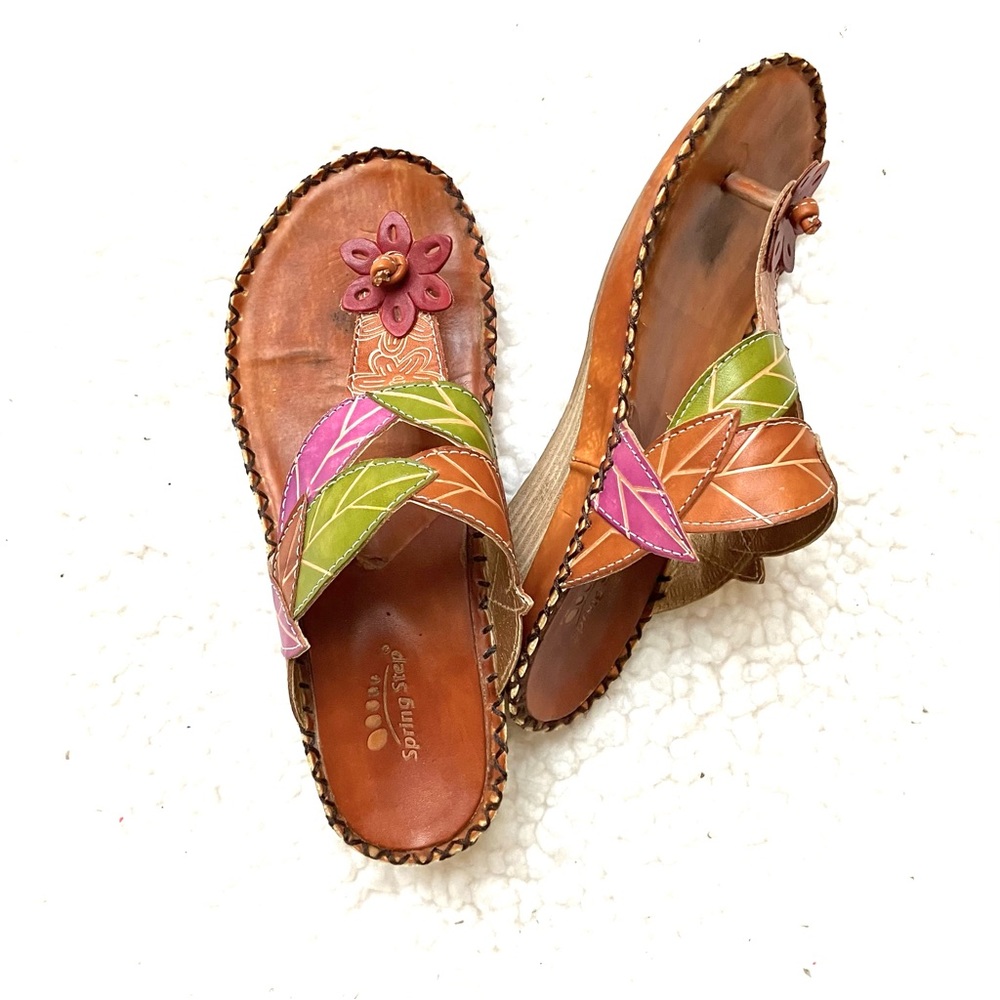 Spring Step Multicolor Leather Flower Wedge Sandals - Brown, Pink, Green, Orange